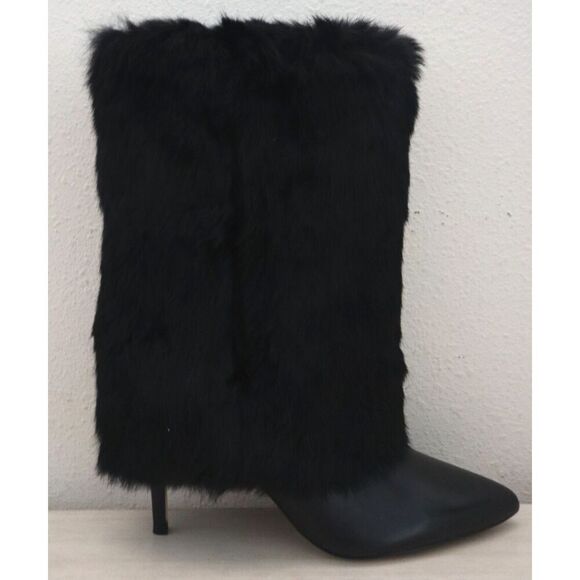 Charles David Women Sz 7.5M Black Vandal Rabbit Fur/Leather Heeled Booties - Picture 7 of 11